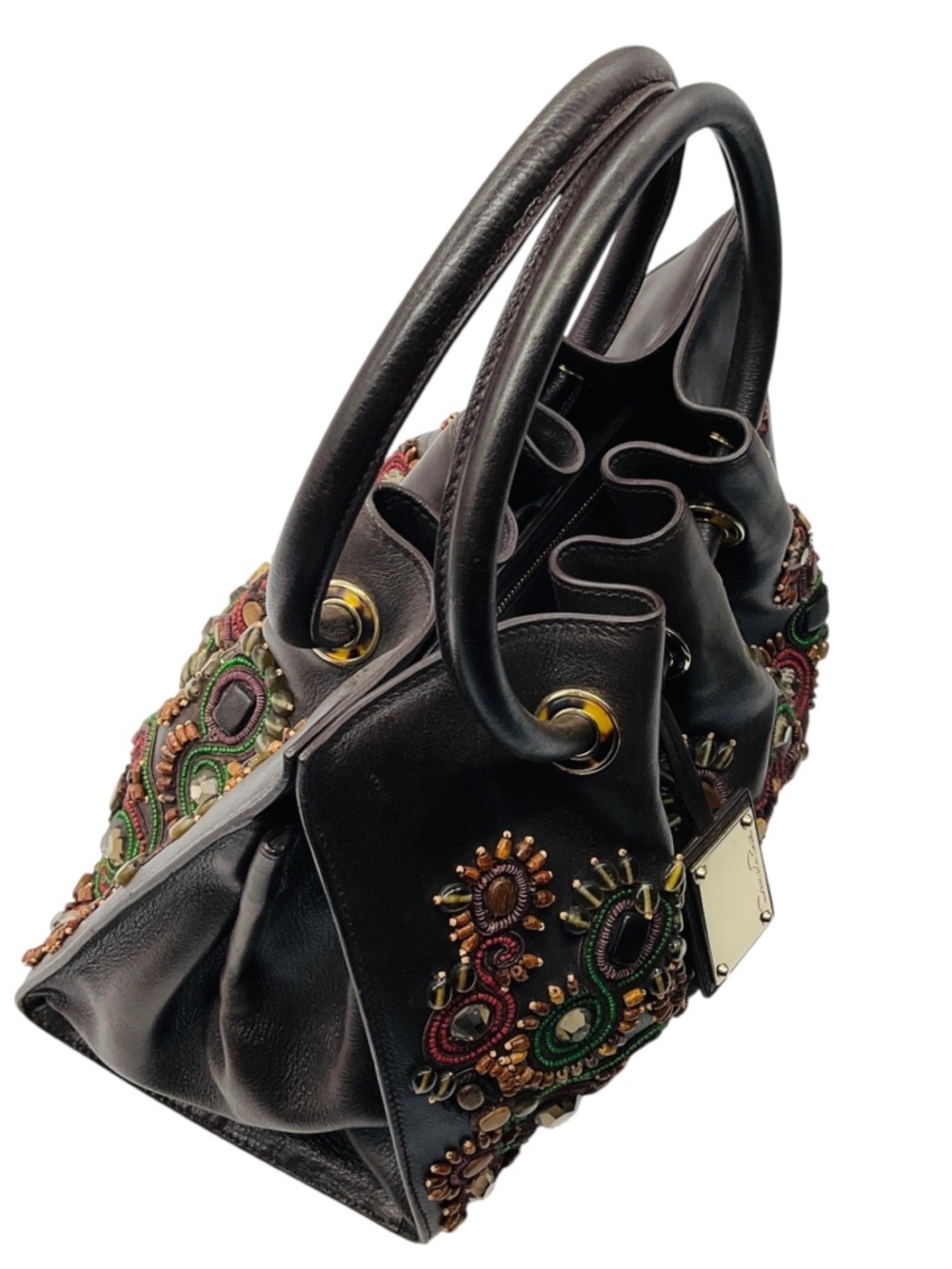 OSCAR DE LA RENTA BROWN MULTI BEADED AND STONE EMBELLISHED LEATHER HANDBAG - Picture 4 of 11